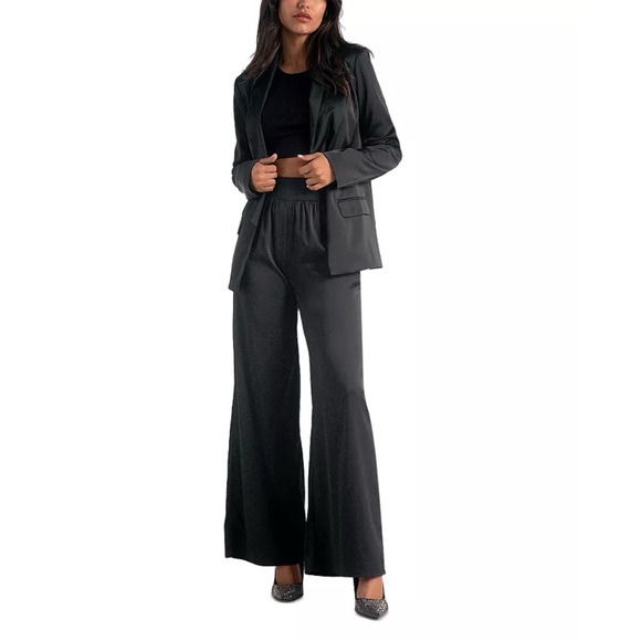 Elan Wide Leg Black Satin Pants - Picture 3 of 5